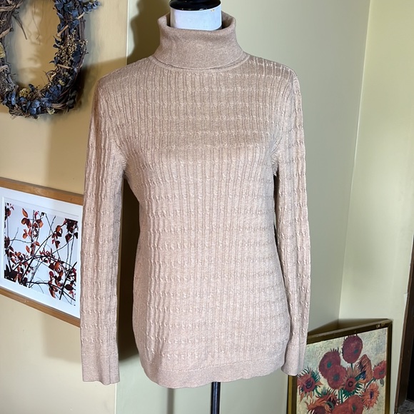TALBOTS Size Large Cableknit Textured Turtleneck Pullover Cottonblend $89 NEW - Picture 1 of 13